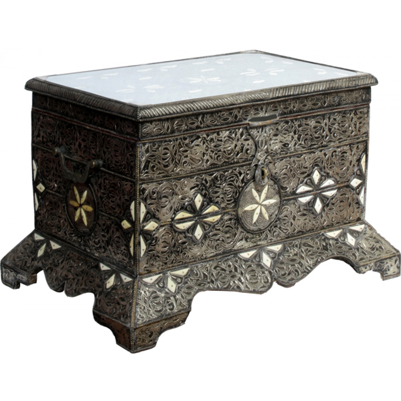 Orientalische Truhe aus Silbermetall mit Knocheneinsätze verziert