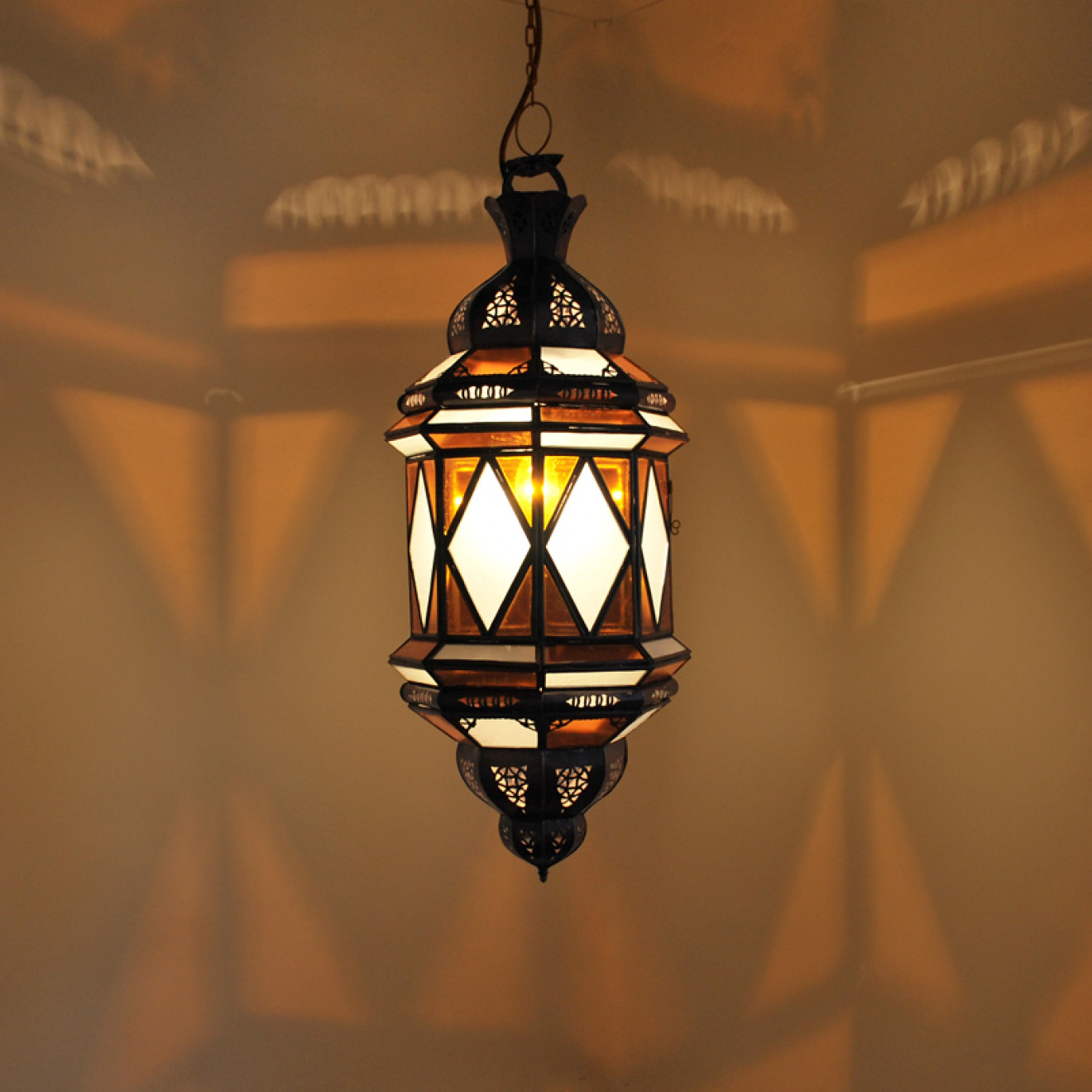 Orientalische Hängelaterne "Babil" H70cm Amber-Weiss