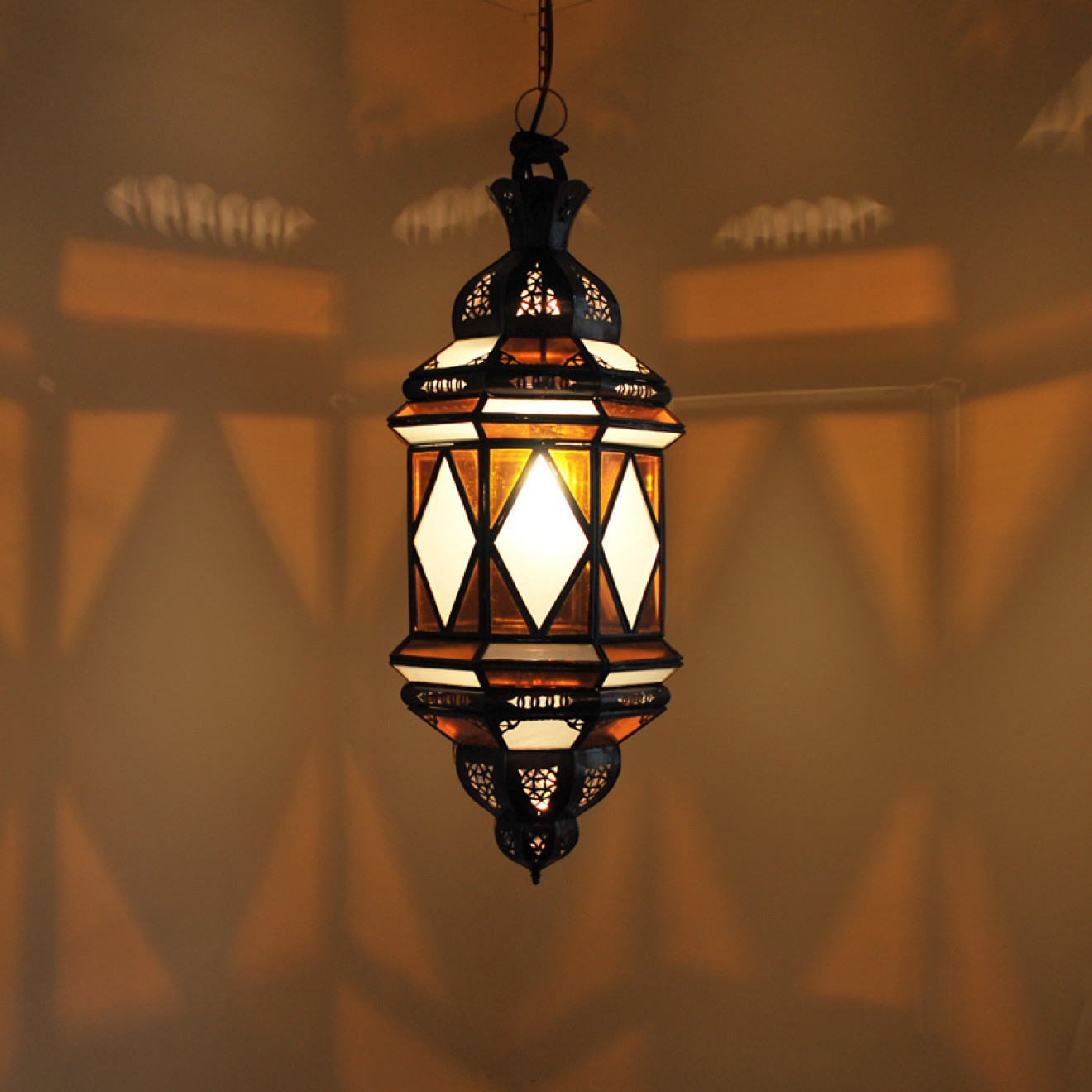 Orientalische Hängelaterne "Babil" H70cm Amber-Weiss