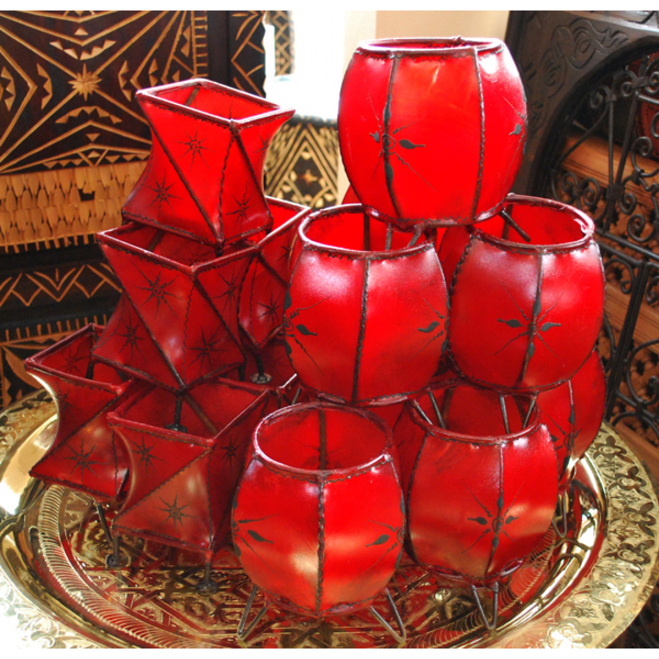 Orientalisches Windlicht aus Leder CROISÈ rot