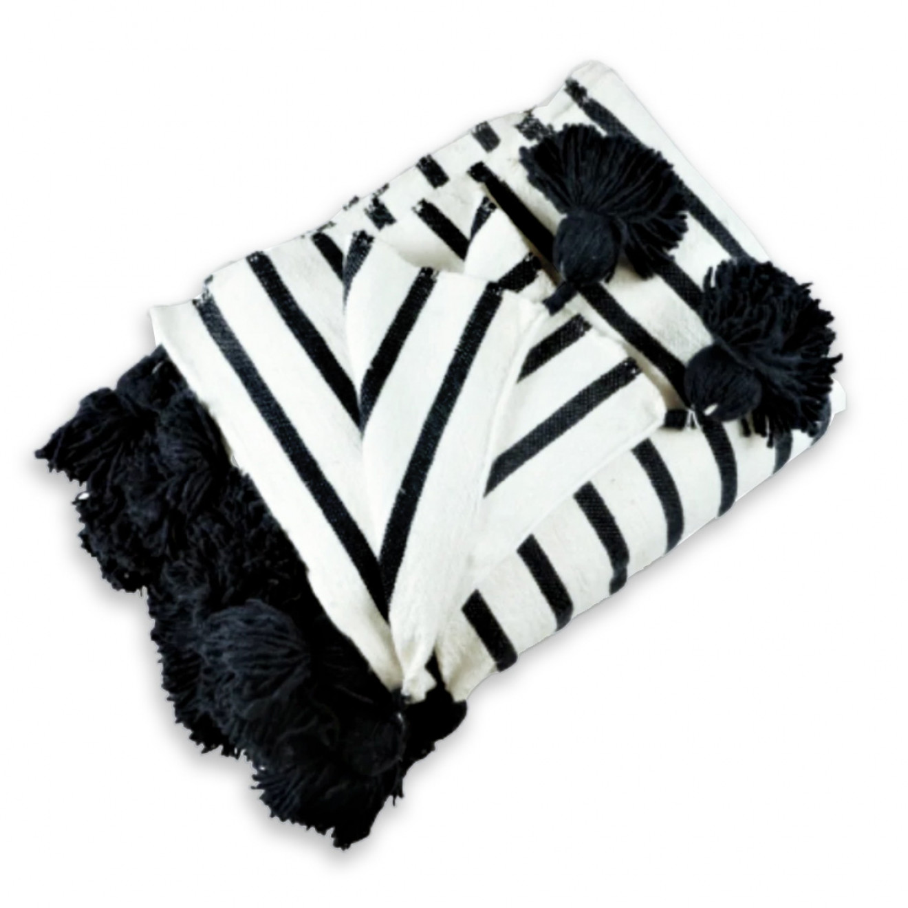 Marokkanische Pompon Decke schwarz/Weiß 300x200cm