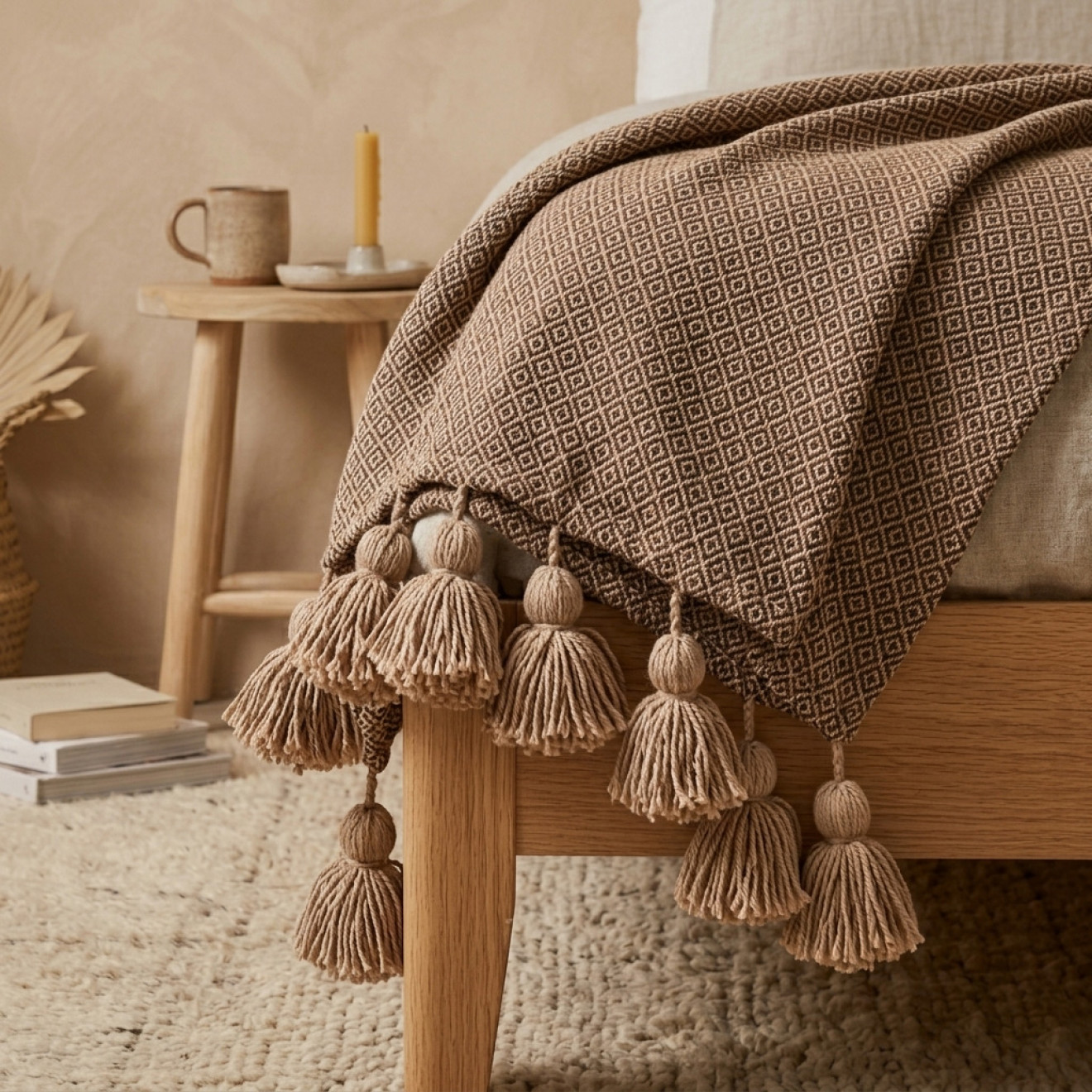 Marokkanische Pompon Decke ATLAS – Beige-Braun mit Muster