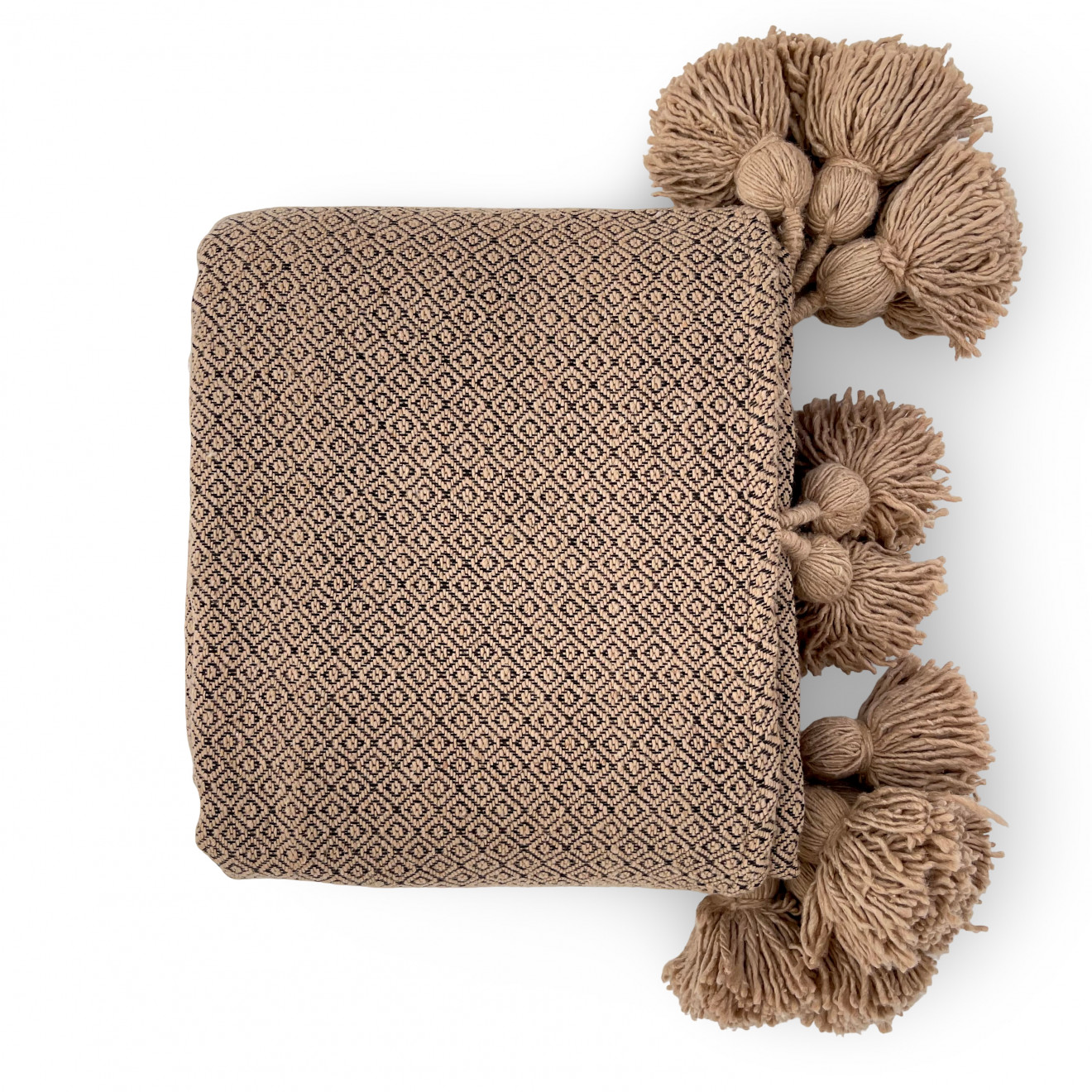 Marokkanische Pompon Decke ATLAS – Beige-Braun mit Muster