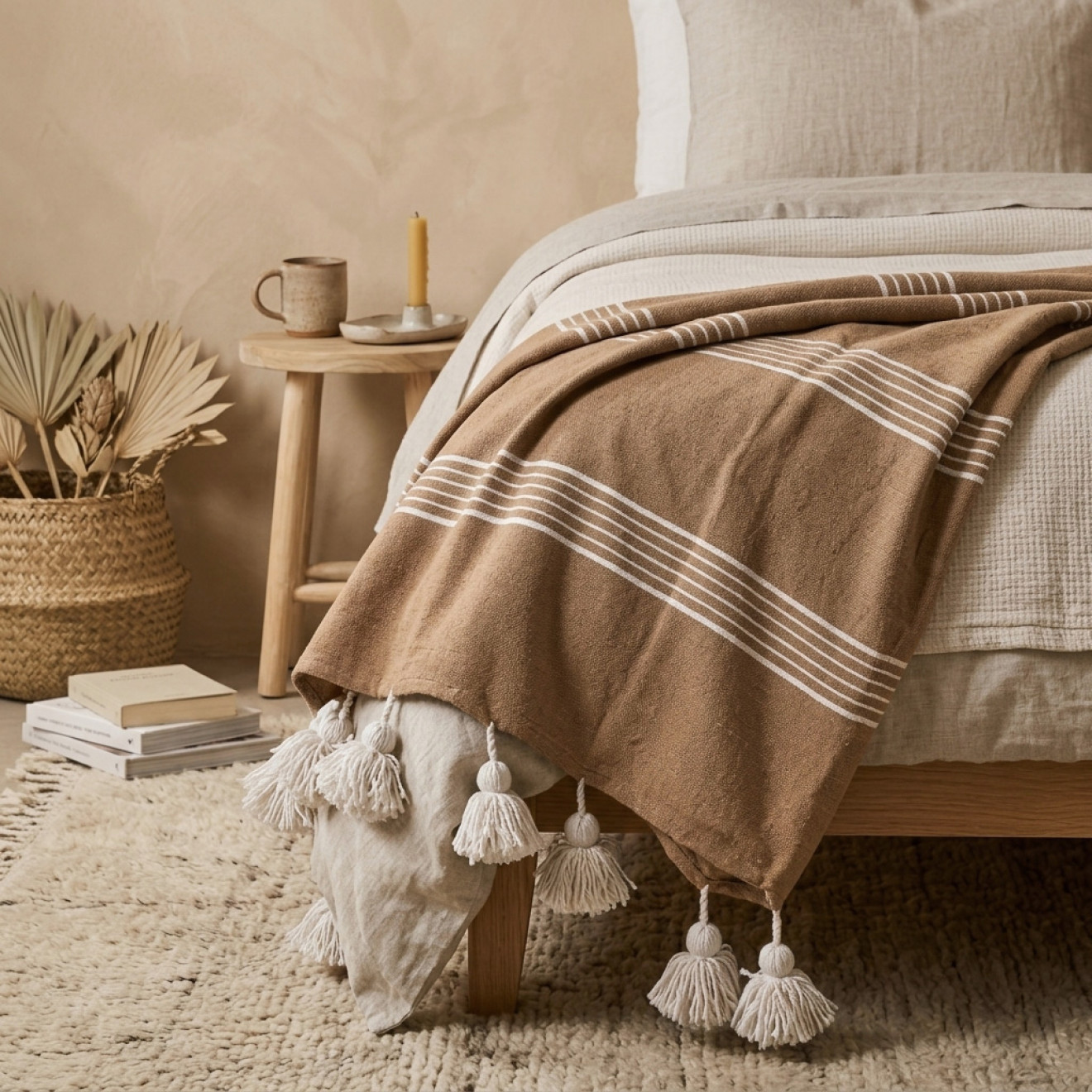 Marokkanische Pompon Decke Hellbraun mit weißen Streifen 275 × 190 cm