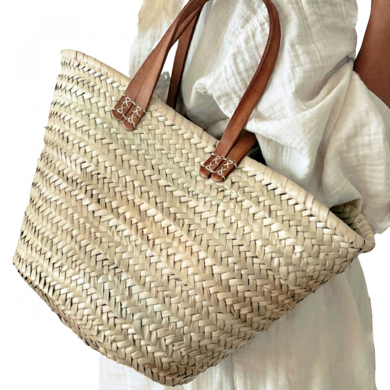 Korbtasche mit Ledergriffe und Lederhenkel NOURI-M Hellbraun