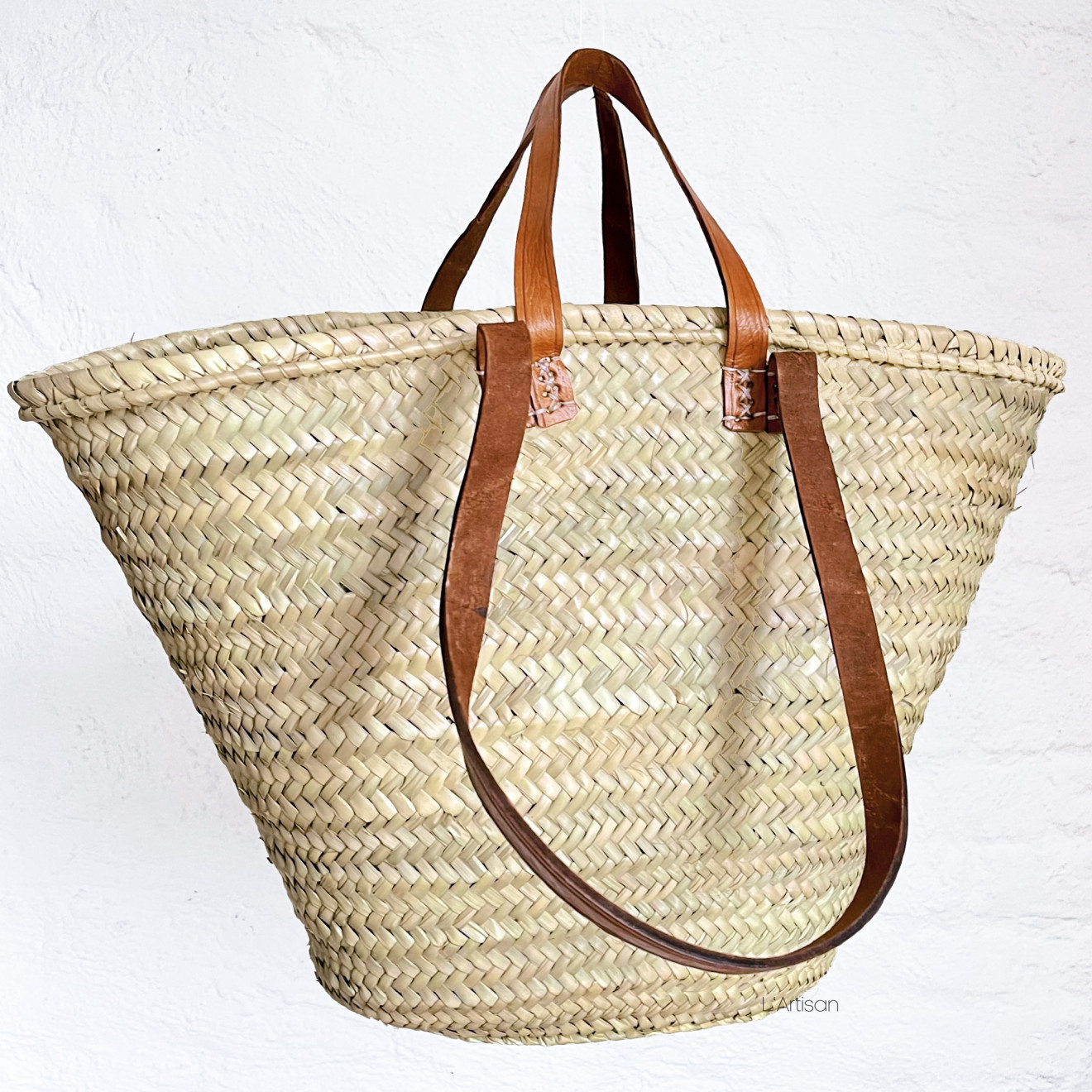 Korbtasche mit Ledergriffe und Lederhenkel NOURI-M Hellbraun