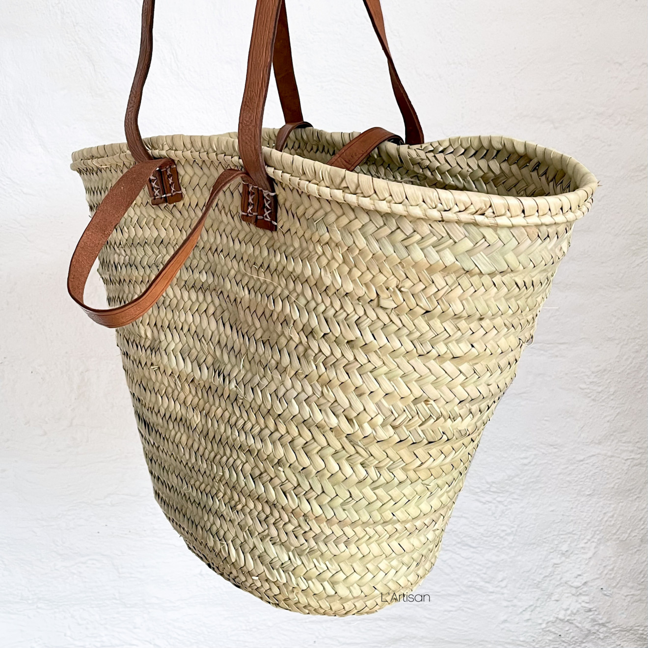 Korbtasche mit Ledergriffe und Lederhenkel NOURI-M Hellbraun