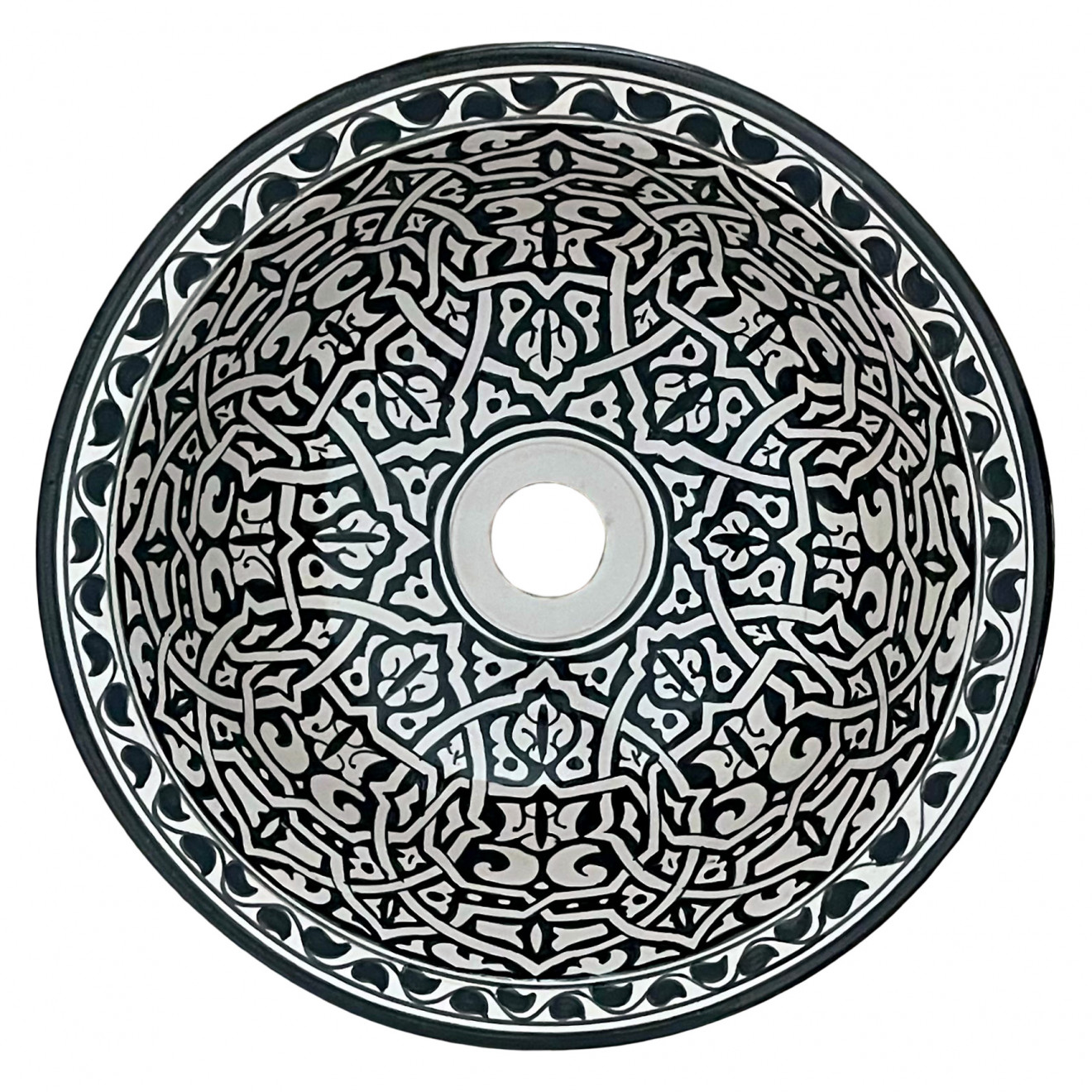 Handbemaltes Waschbecken Schwarz-Weiss FLORAL Ø35 cm