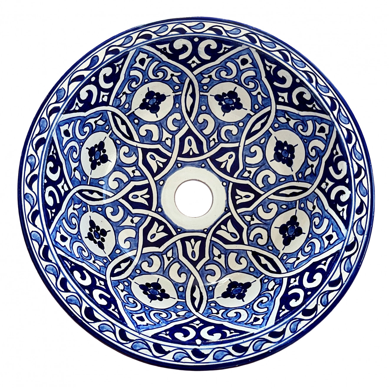 Handbemaltes Waschbecken Blau-Weiss FLORAL Ø35 cm