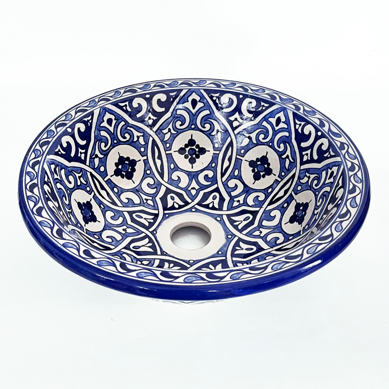 Handbemaltes Waschbecken Blau-Weiss FLORAL Ø35 cm