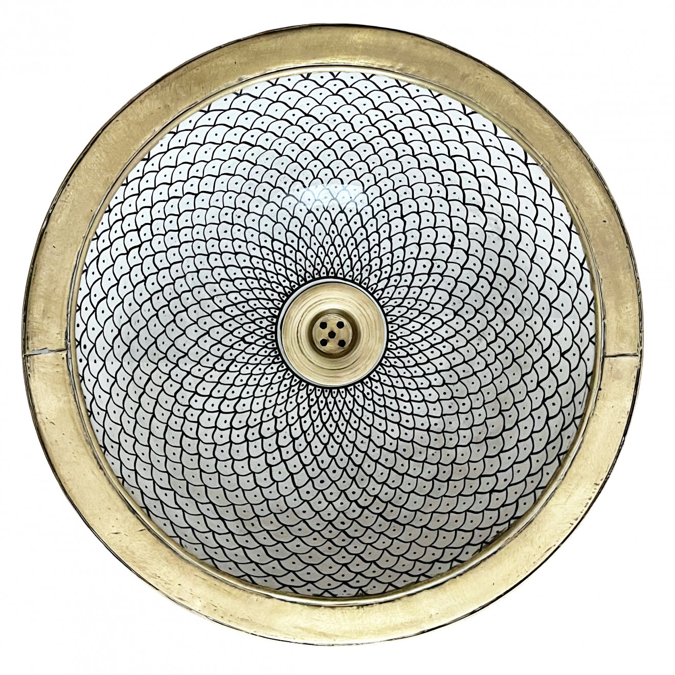 Marokkanisches Keramik-Waschbecken in Schwarz-Weiß mit Messing Ø40 cm