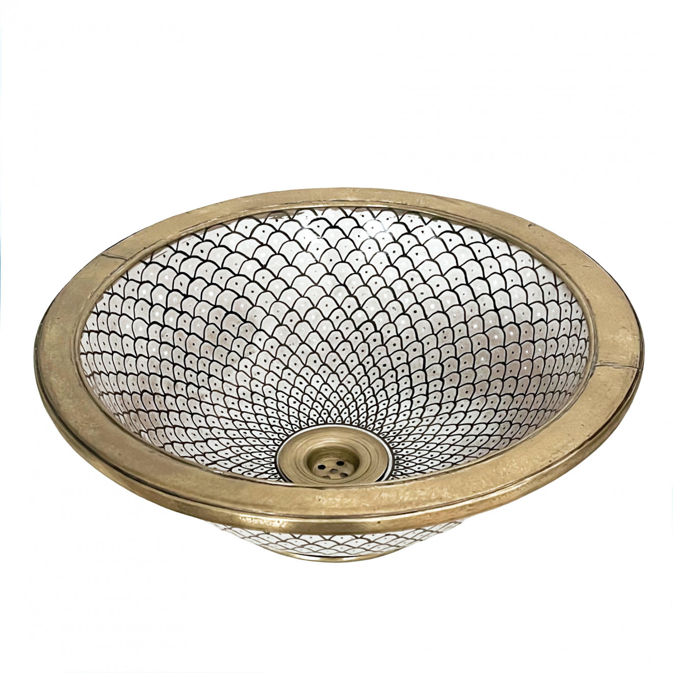 Marokkanisches Keramik-Waschbecken in Schwarz-Weiß mit Messing Ø40 cm