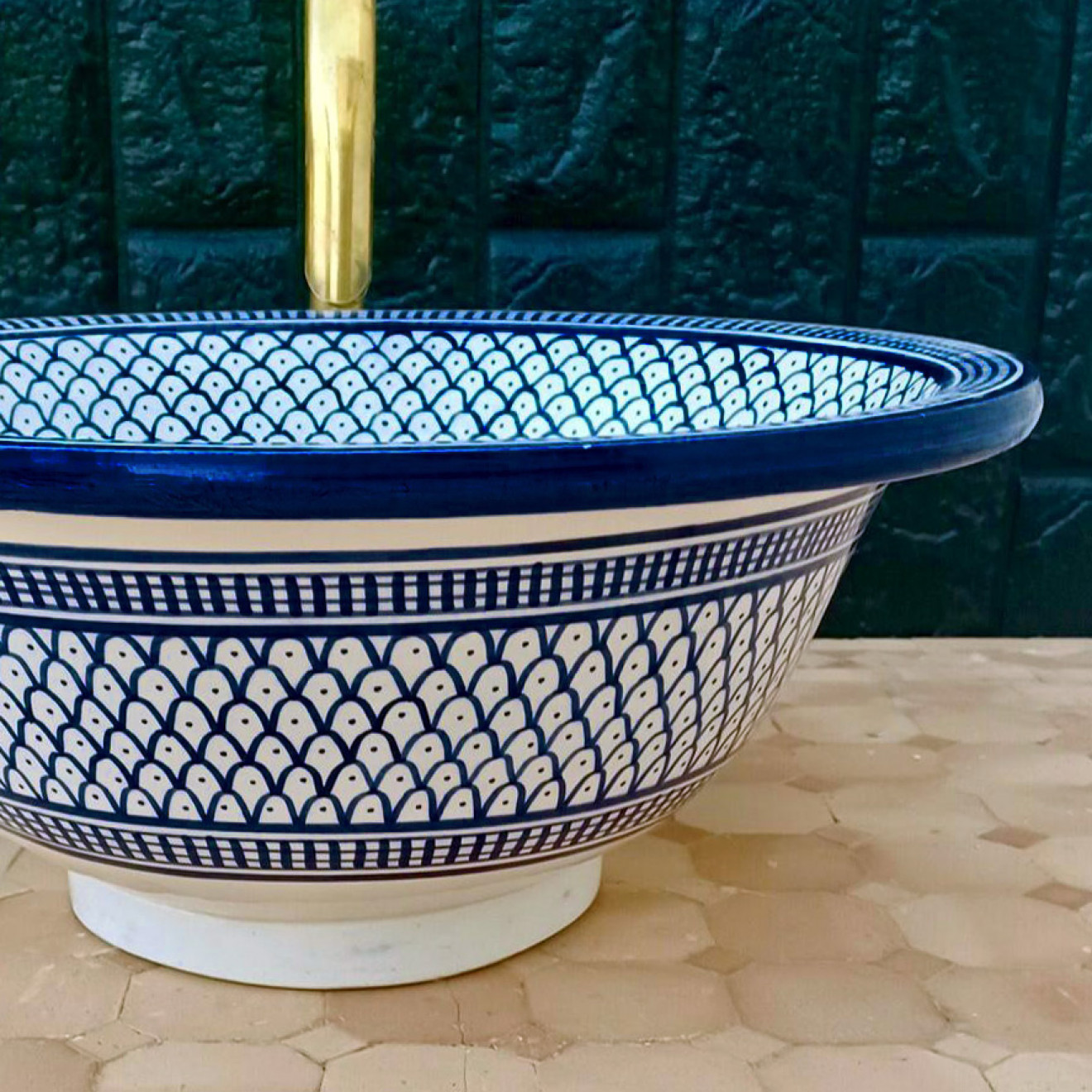 Marokkanisches Waschbecken Handbemalt Keramik BW10 Ø40 cm Blau/Weiß