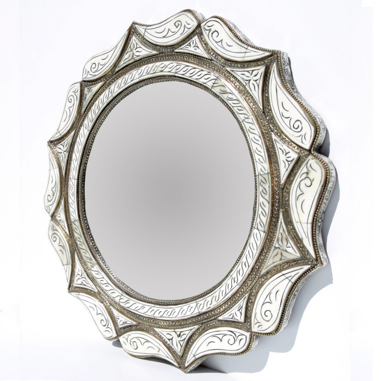 Marokkanischer Spiegel aus Kamelknochen MAHAL weiss D50cm