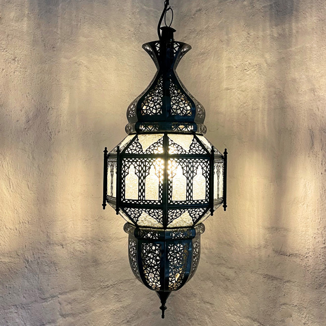 Deckenlampe aus Marokko SALOAS weißes Reliefglas H65cm