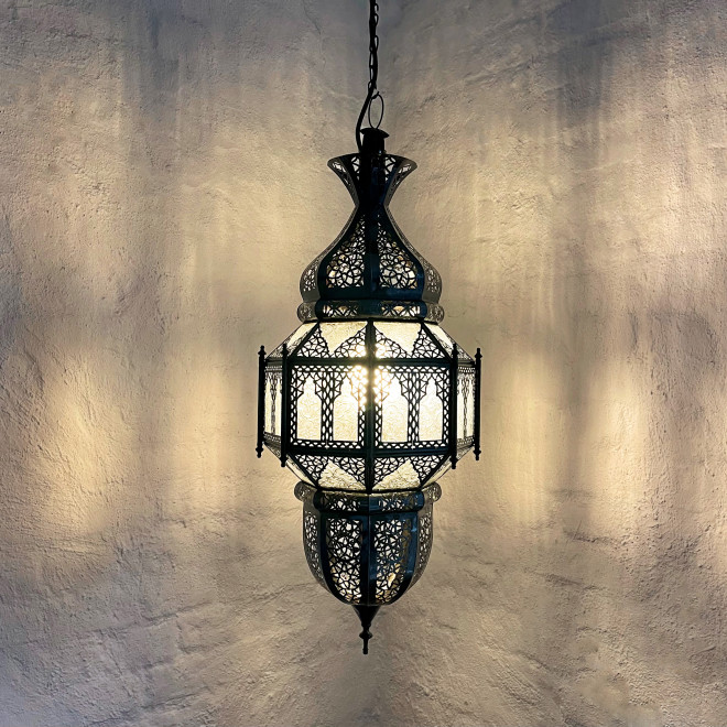 Deckenlampe aus Marokko SALOAS weißes Reliefglas H65cm