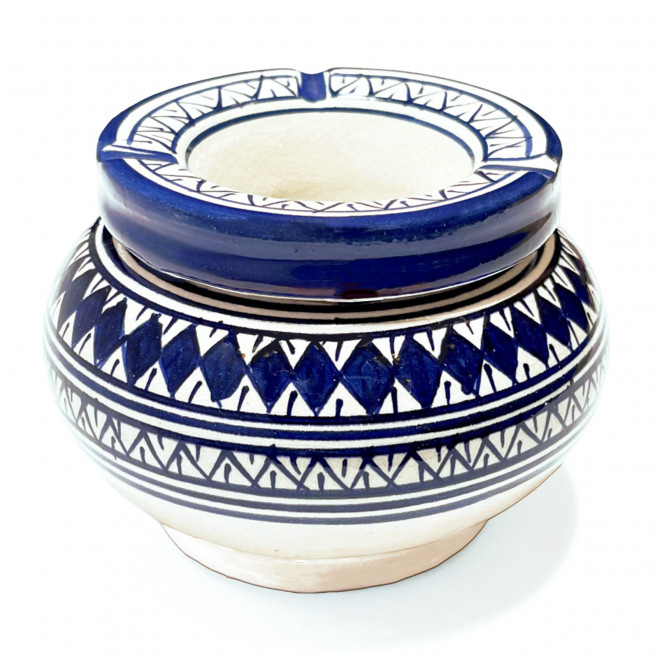 KERAMIK ASCHENBECHER MIT DECKEL BLAU-Weiß Ø 12 cm