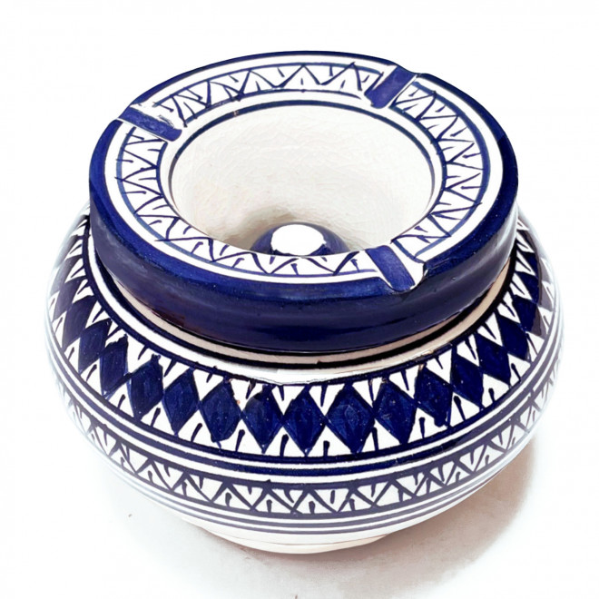 KERAMIK ASCHENBECHER MIT DECKEL BLAU-Weiß Ø 12 cm