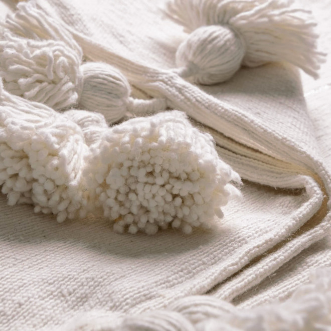 Marokkanische Pompon Decke cremeweiss 275x190cm