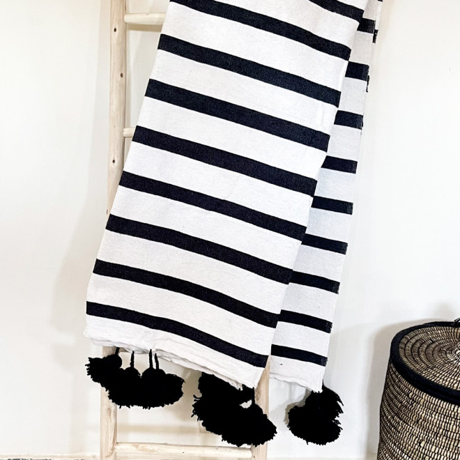 Marokkanische Pompon Decke schwarz/Weiß 300x200cm