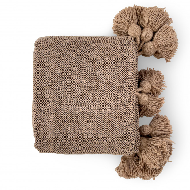 Marokkanische Pompon Decke ATLAS – Beige-Braun mit Muster