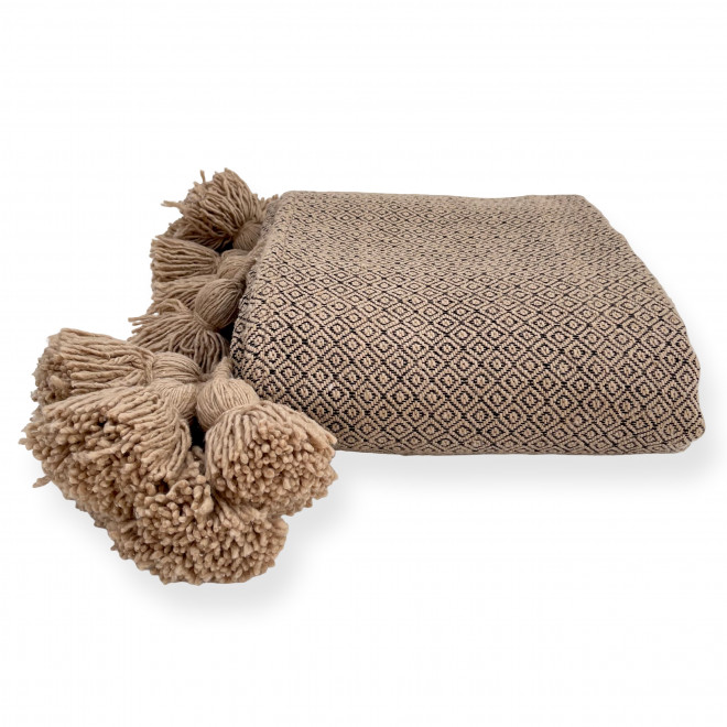 Marokkanische Pompon Decke ATLAS – Beige-Braun mit Muster