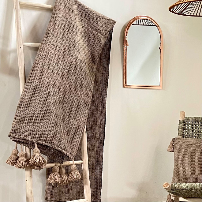 Marokkanische Pompon Decke ATLAS – Beige-Braun mit Muster