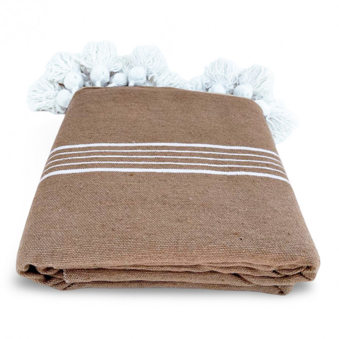 Marokkanische Pompon Decke Hellbraun mit weißen Streifen 275 × 190 cm