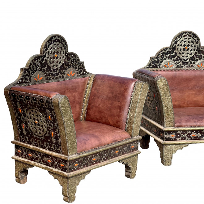 Orientalischer Leder-Sessel mit Messingverkleidung SULAYMAN