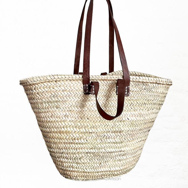 Korbtasche mit Ledergriffe und Lederhenkel NOURI-M Dunkelbraun