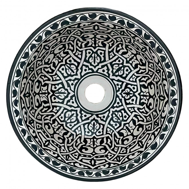Handbemaltes Waschbecken Schwarz-Weiss FLORAL Ø35 cm