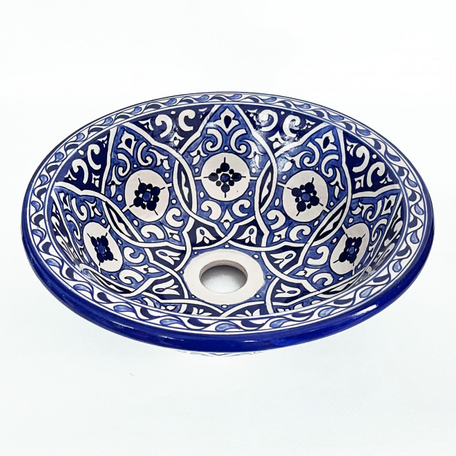 Handbemaltes Waschbecken Blau-Weiss FLORAL Ø35 cm