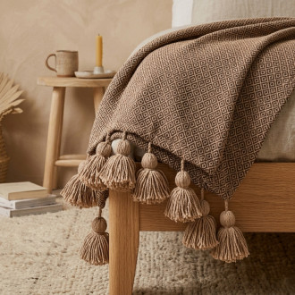 Marokkanische Pompon Decke ATLAS – Beige-Braun mit Muster