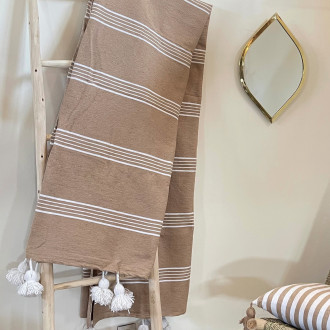 Marokkanische Pompon Decke Hellbraun mit weißen Streifen 275 × 190 cm