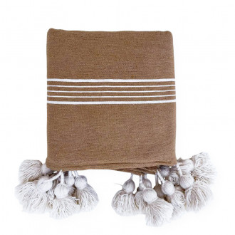 Marokkanische Pompon Decke Hellbraun mit weißen Streifen 275 × 190 cm