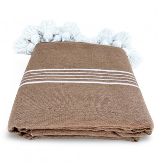 Marokkanische Pompon Decke Hellbraun mit weißen Streifen 275 × 190 cm