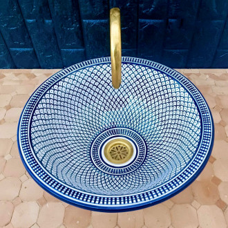 Marokkanisches Waschbecken Handbemalt Keramik BW10 Ø40 cm Blau/Weiß