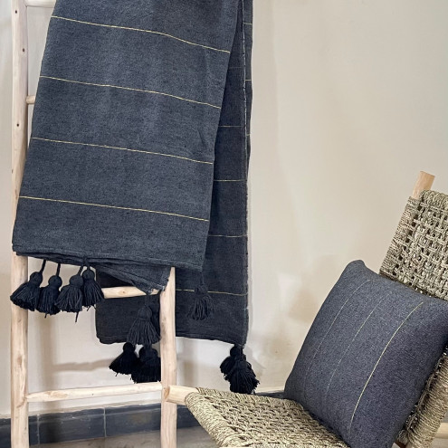 Marokkanische Pompon Decke dunkelgrau 300x200cm