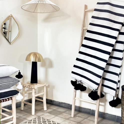 Marokkanische Pompon Decke schwarz/Weiß 300x200cm