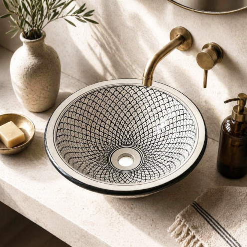 Handbemaltes Waschbecken Schwarz-Weiss Ø35 cm