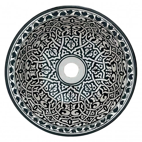 Handbemaltes Waschbecken Schwarz-Weiss FLORAL Ø35 cm