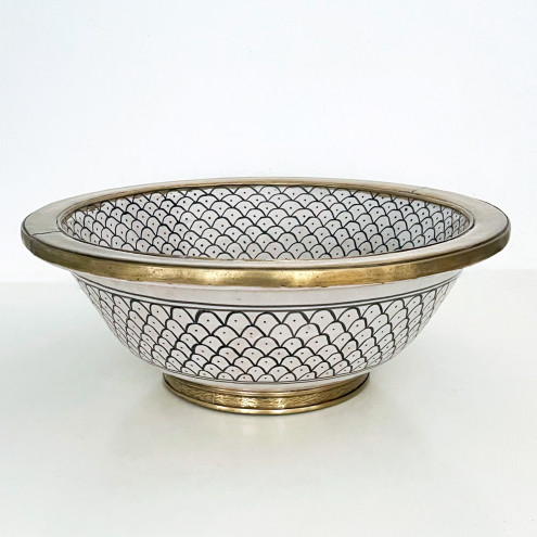 Marokkanisches Keramik-Waschbecken in Schwarz-Weiß mit Messing Ø40 cm