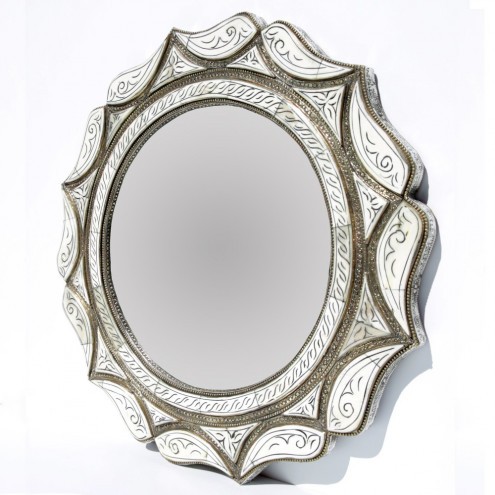 Marokkanischer Spiegel aus Kamelknochen MAHAL weiss D50cm