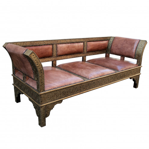 Orientalische Sofa ROYAL mit Echtleder, Messing-Verkleidung